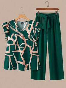 SHEIN JORESS Plus Size V-Neck Cap Sleeve Ruffle Trim Contrast Color Casual 2 Pieces Set, Summer - Dark Green - View 1