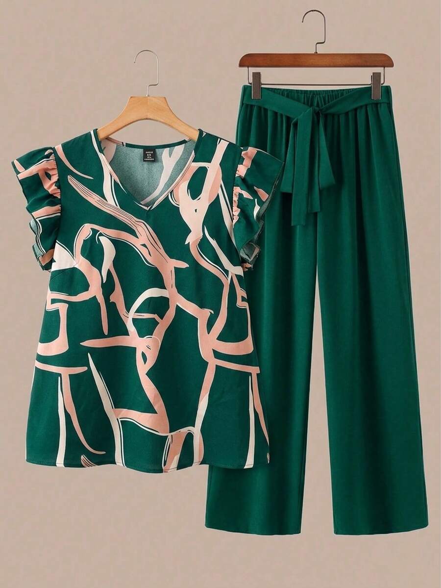 SHEIN JORESS Plus Size V-Neck Cap Sleeve Ruffle Trim Contrast Color Casual 2 Pieces Set, Summer - Dark Green - View 1