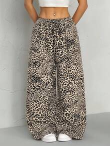 SHEIN PETITE Women's Leopard Printed Drawstring Long Pants - Brown - View 5