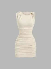 SHEIN Sweetro Bộ đồ 2 mảnh thời trang Âu Mỹ dành cho nữ, váy ngắn ôm sát bất đối xứng, trang trí kim loại, đa năng, thích hợp cho công sở. - Nhiều màu - Xem 3