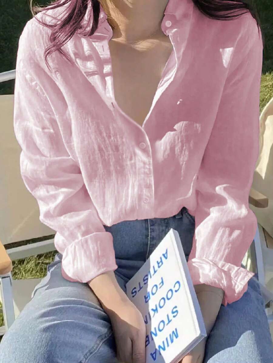 INAWLY 女款素色長袖單排扣休閒基礎辦公野餐襯衫 秋季女裝淺粉色 - 粉色 - 查看 1