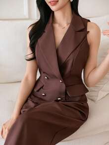 DAZY Women's Summer Casual Solid Color Faux Pocket Vest And Wide Leg Pants 2 Pieces Set - Brown - View 1