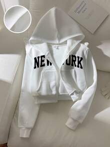 SHEIN 少女休闲宽松舒适日常街头风拉链卫衣，白色，适合返校、冬季、秋季节日、万圣节、圣诞节、新年等场合，是理想的圣诞礼物之选。适合休闲日常穿着，也适合秋冬季上学穿着，温暖舒适。 - 白色 - 查看 3