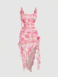 SHEIN MOD Plus Size Women's Pink Floral Summer Elegant Wedding Ninang Dress, Rose Print Corset Rouche Dress For Birthday,Valentine's Day & Events - Multicolor - View 3