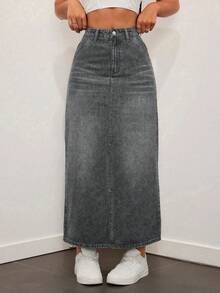 Rivivi Chân váy denim cài nút có túi dành cho nữ, kiểu dáng thường ngày. - Xám - Xem 1