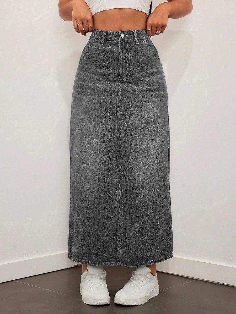 Rivivi Chân váy denim cài nút có túi dành cho nữ, kiểu dáng thường ngày. - Xám - Xem 1