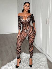ChaseTheNight 黑色几何镂空网纱长袖性感连体裤，胸前镂空+露背设计，适合夜生活吸睛装扮 - 黑色 - 查看 3
