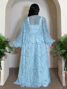Slaydiva 2pcs Setelan Wanita Ukuran Besar Kasual Lengan Lentera dan Celana Panjang Longgar - Biru - View 2
