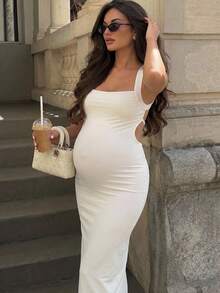 SHEIN MaterniWear Pregnant Women's Solid Color Pleated Backless Elegant Party Dress - Beige - View 1