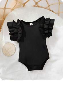 SHEIN Mono informal con volantes negros para bebé niña recién nacida para el verano - Negro - Ver 7