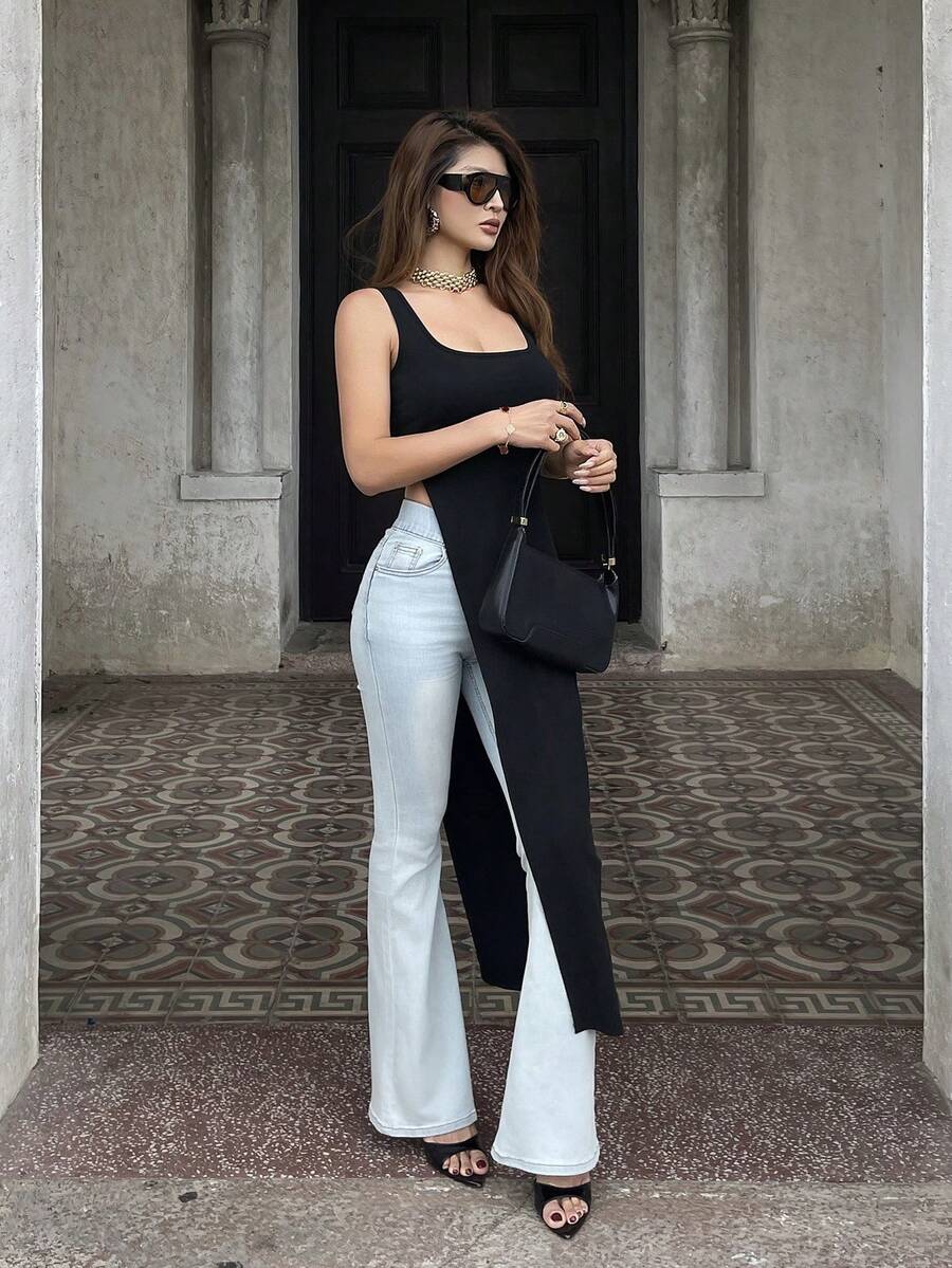 DAZY Square Neck Sleeveless Long Vest For Women - Black - View 1