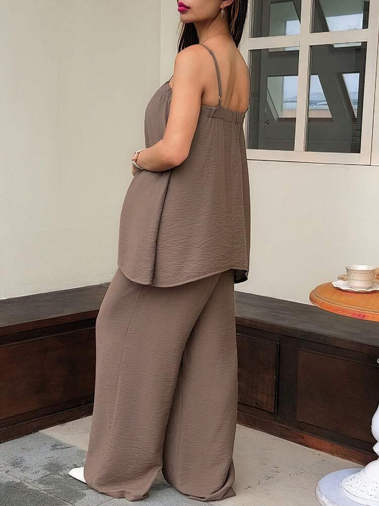 Casual Vacation Style Loose Camisole Top And Long Pants Two Pieces Set, Brown, Maternity