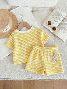 LMoss Kids 2pcs Baby Girl Knitted Striped Round Neck T-Shirt And Shorts Set - Yellow - View 2
