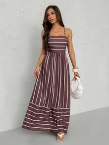 SHEIN PETITE Vestido de tirantes casuales de vacaciones con estampado de rayas para mujer, vestido maxi de línea A de cintura alta con bloques de color a rayas, vestido de tirantes marrón, vestido maxi a rayas, vestido a rayas rosa marrón, vestido maxi elegante con cuello cuadrado y tirantes retro francés para mujer, vestido de resort de verano elegante, vestidos elegantes para mujer, vestido de vacaciones, conjuntos de vacaciones de verano - Marrón - Ver 5