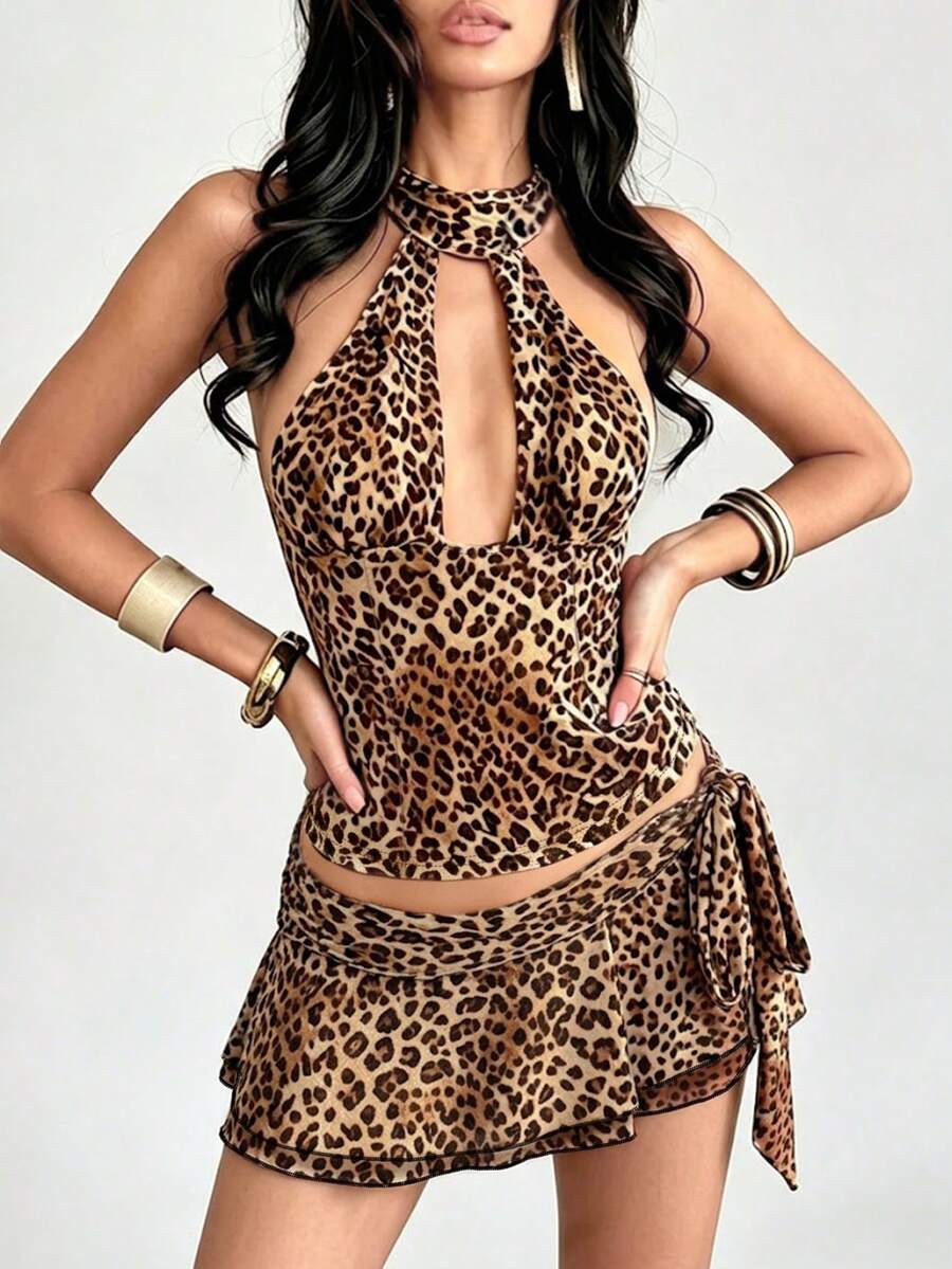 Rina Fox 女士新款豹纹三件套，包括性感露脐上衣、裤子和裙子，适合海岛度假、海滩休闲出行。 - 咖啡棕 - 查看 1