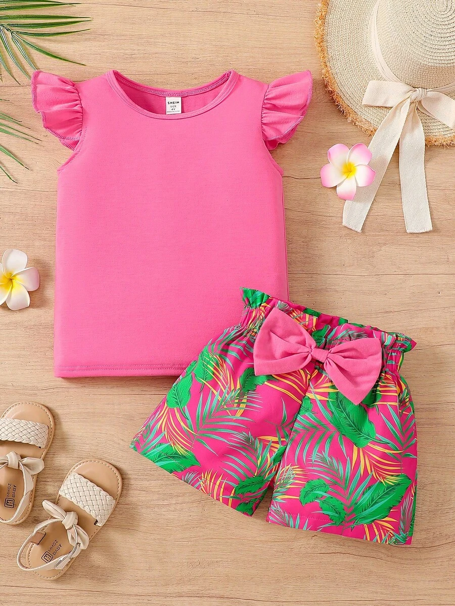 SHEIN Setelan 2 Potong untuk Liburan Anak Perempuan: Atasan Polos dan Celana Pendek Motif Tropis - MultiWarna - View 1