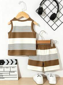Souflis Souflis 2pcs/Set Baby Boy Casual Cute Blue And White Striped Bear Print Vest Top And Shorts Set, Suitable For Outdoor Wear In Summer Beach - Multicolor - View 2