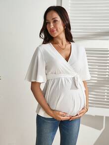 SHEIN 女士舒适V领荷叶边孕妇哺乳上衣（含腰带） - 白色 - 查看 4