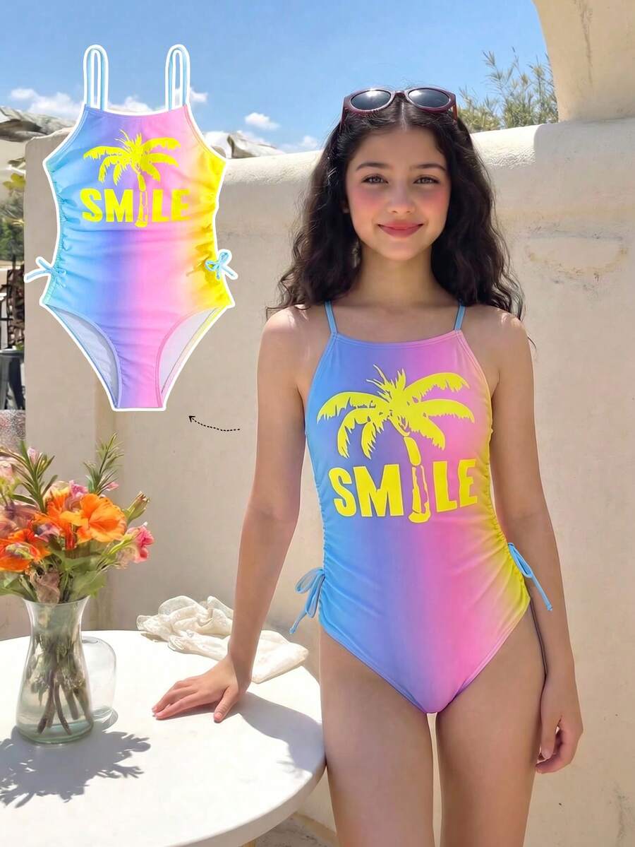 Áo tắm liền thân kiểu tank top cho bé gái 8-12 tuổi, họa tiết cây cọ nhuộm màu neon, hình mặt cười, có dây đeo điều chỉnh được, xếp ly hai bên. - Nhiều màu - Xem 1