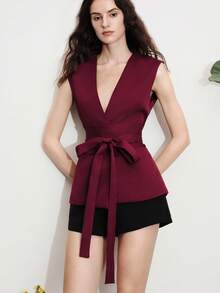 Aveloria Modichic Blazer de mujer de diseño de cuello en V profundo sin mangas y cintura ancha, ropa de oficina minimalista y versátil - Burdeos - Ver 6