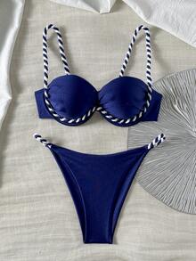 Swim Chiccia 女士棕色编织肩带钢圈性感比基尼泳衣，适合海滩度假；夏季 Zestiva 女士泳装比基尼套装，蓝色两件套，假日聚拢泳衣，女士比基尼套装泳装 - 藏蓝色 - 查看 3