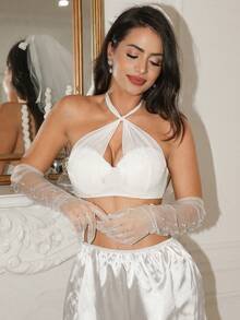 蕾丝撞色网纱性感浪漫吊带文胸，女士无肩带文胸 - 杏色 - 查看 3