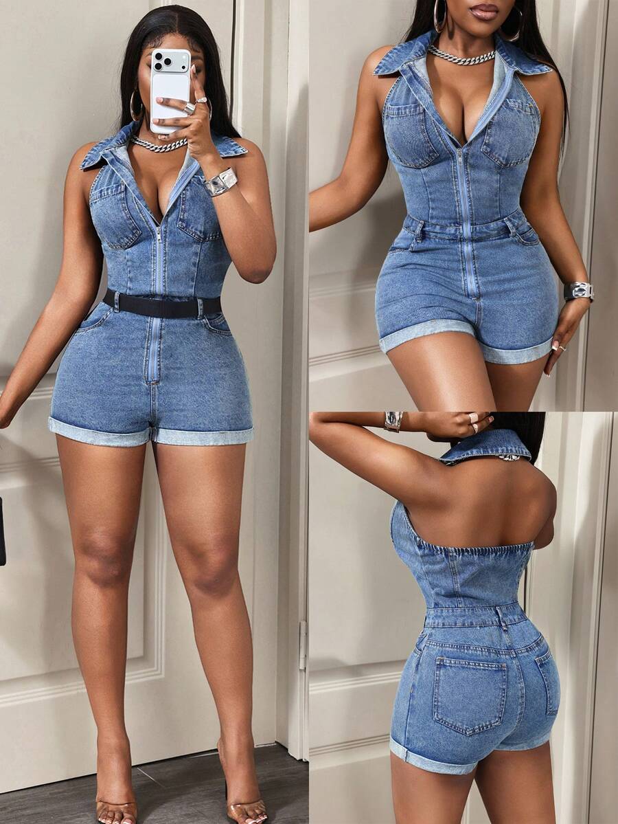 BamGleam Fashionable Casual Women Denim Bib Pants And Jumpsuit - Blue - View 1