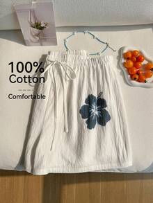 Comfortcana Quần short cotton dáng rộng, thoải mái, họa tiết hoa dâm bụt, có dây rút, thích hợp để phối cùng bikini đi biển mùa hè. - trắng - Xem 13