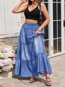 SHEIN Clasi 大码女式百褶休闲百搭约会外出A字裙 - 藍色 - 查看 7