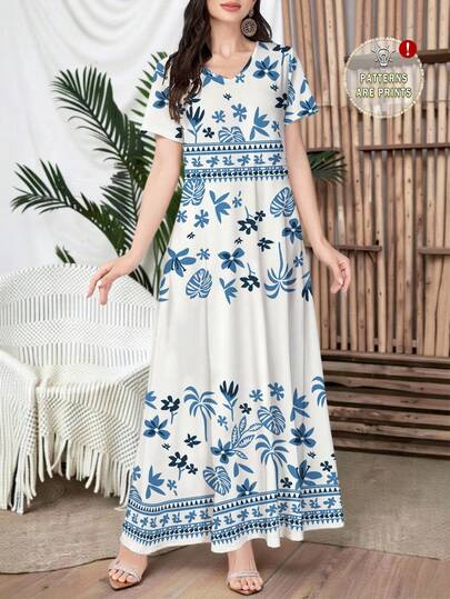 Al Najma Women's Elegant V-Neck Spring/Summer Knit Short Sleeve Floral Print Dress, Can Be Worn As Outerwear Or Undershirt, Suitable For Dates, Vacations, Casual, Work, Parties, Festivals, Floral Maxi Dress, Vintage Floral Dress, White Dress, Vacation Dress