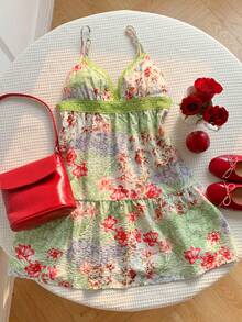 Comfortcana Women's Summer Beach Vacation Floral Contrast Lace Slip Dress Summer Dress Floral Dress Vacation Dress Campus Style Dress  Summer Outfits   Festival Outfit Women  Mother's Day   Beach Graduation Elegant Casual Vacation Outfits For Women  Country Ruffle  Floral Dresses For Women Green And Pink Flower - Multicolor - View 5