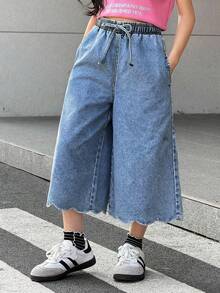 SHEIN 少女浅蓝色刺绣波浪边宽松阔腿牛仔裤 - 藍色 - 查看 2