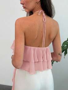 Aloruh Women's Solid Color Halter Neck Sleeveless Ruffle Hem Fashionable Blouse For Summer,Summer Top - Baby Pink - View 2
