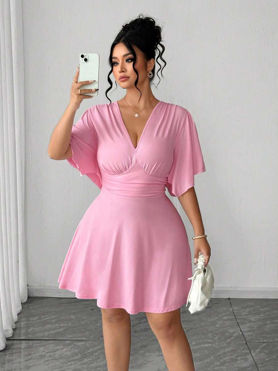 Elenzga Đầm dự tiệc thanh lịch dành cho nữ cỡ lớn, màu trơn, cổ chữ V sâu, eo nhún. - Hồng - Xem 1