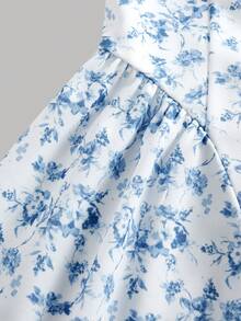 SHEIN Girlism 少女白色與藍色花卉優雅飄逸夏季迷你洋裝，度假生日茶會公主風套裝，適用訂婚派對、婚禮 - 藍色 - 查看 7