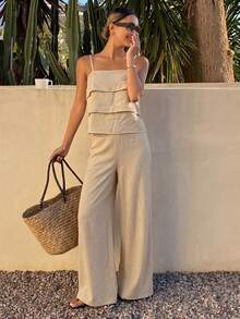 Livesso 两件套女士休闲吊带背心（荷叶边下摆）和裤子 - 米色 - 查看 6