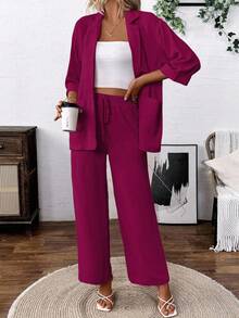 Conjunto de traje informal compuesto por un blazer de color liso con bolsillos y pantalones de pierna ancha cintura alta con cordón, estilo de ocio - Rojo violeta - Ver 3