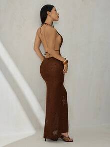 SHEIN PETITE Đầm ngắn ôm sát màu nâu/cà phê trơn dành cho nữ, chất liệu lưới móc họa tiết sao biển, thích hợp đi biển, đầm móc, đầm mùa hè, phong cách boho. - màu nâu - Xem 2