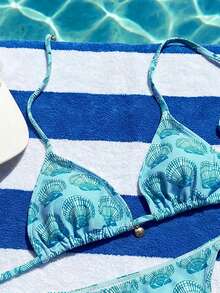 Swim Vcay مجموعة ملابس شاطئ للنساء 2 قطعة، ملابس علوية مثلثة ظهر عاري مع طباعة عشوائية للمحيط وقلادة معدنية، وسروال بيكيني مربوط الجانبين، ملابس سباحة أنيقة وجذابة للعطلات والحفلات الساحلية - متعدد الألوان - View 4