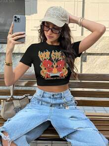 SHEIN HOT STUFF 女士休闲字母卡通印花短袖T恤，日常百搭 - 黑色 - 查看 6