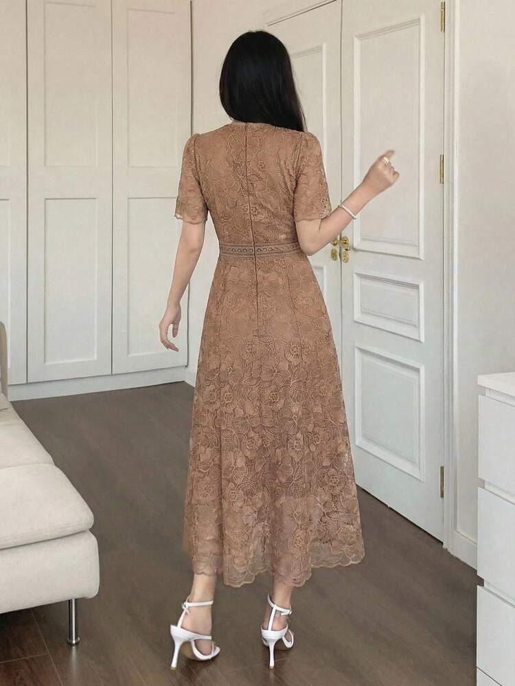 Women's Sweet Pink Solid Color Lace Short Sleeve Elegant Long Dress, Suitable For Spring And Summer