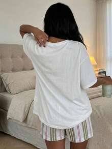 Livesso Women's Summer Fruit & Letter Print Loose Shoulder Top And Contrast Striped Shorts Pajama Set - White - View 2