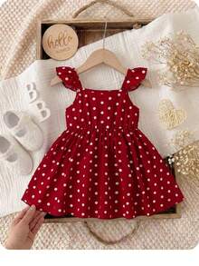 SHEIN Vestido De Bebé Niña Con Borde De Volante Y Estampado De Lunares - Rojo y blanco - Ver 7