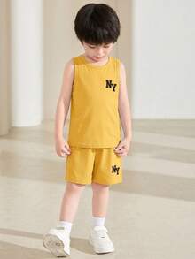 SHEIN 男童休闲舒适字母印花两件套 - 黃色 - 查看 3