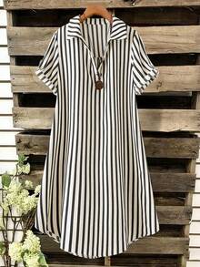 SHEIN Tall CURVE 大尺碼女款法式風格傳統休閒簡約夏季V領短袖洋裝 黑白配色 正式商務 登山 早午餐 度假 - 黑色 - 查看 3