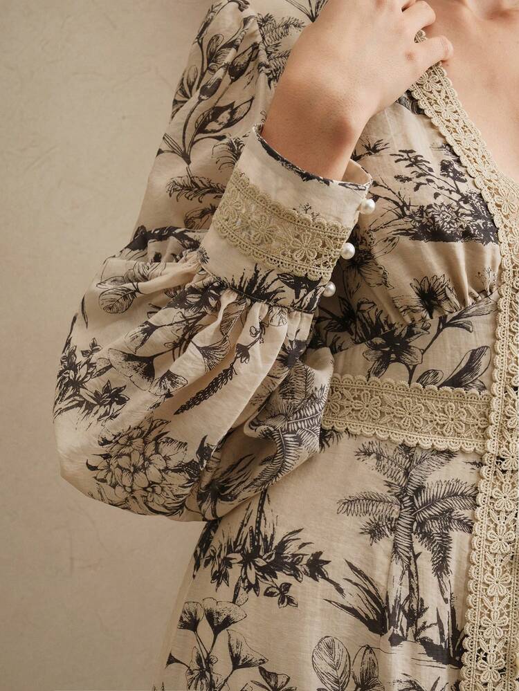 Elegant French Lace & Pearl Flowy Plus Size Women Long Sleeve Dress, Suitable For Spring, Date Night