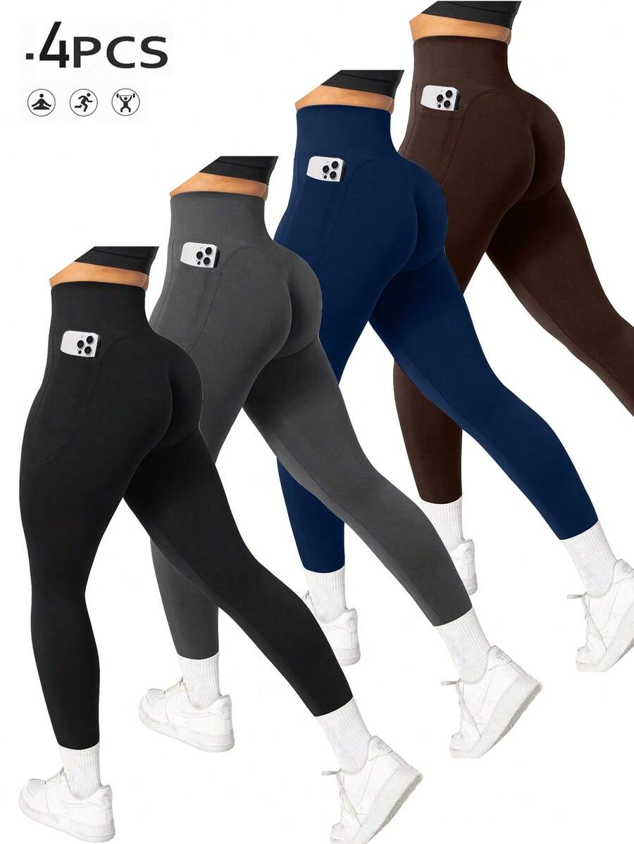 SHEIN Velisys Seamless Highly Elastic Exercise Leggings With Pockets, Sports Yoga Women Pants - Multicolor - View 1