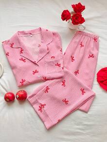 Comfortcana Conjunto de pijama para mujer con mangas cortas, cuello con lazo y estampado a rayas con moño - Rosa - Ver 1