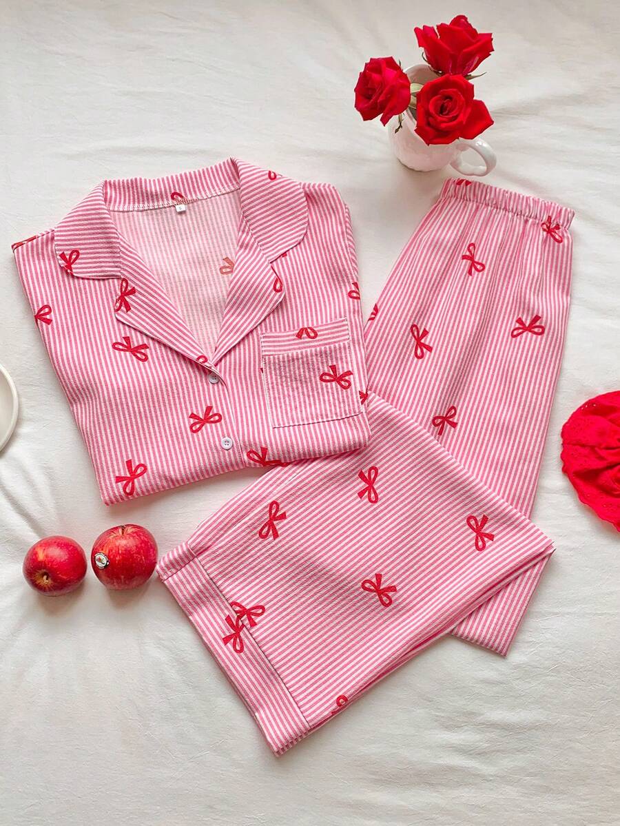 Comfortcana Conjunto de pijama para mujer con mangas cortas, cuello con lazo y estampado a rayas con moño - Rosa - Ver 1