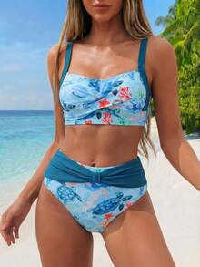 Swim Lushoire Conjunto de bikini de 2 piezas de talle alto para mujer Swim Chiccia, traje de baño con estampado de tortuga marina y frente retorcido con tirantes anchos - Multicolor - Ver 3